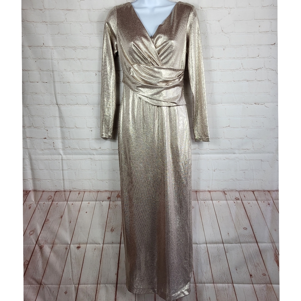 Eliza J Metallic Foil-Print Long Sleeve Maxi Cocktail Dress Size 6 Petite